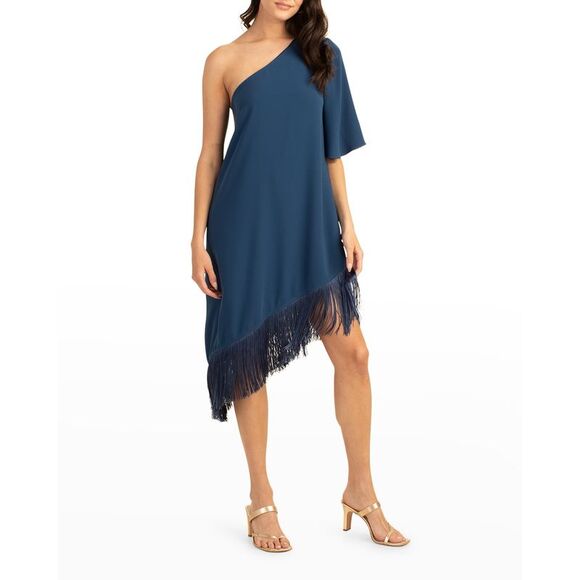 Trina Turk Gull Asymmetric Fringed Dress In Denim - M - Picture 1 of 1